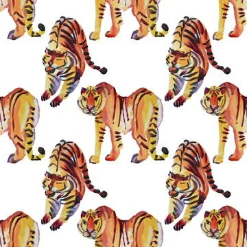 Seamless pattern watercolor hand-drawn abstract tiger wild cat on white Stock Illustration