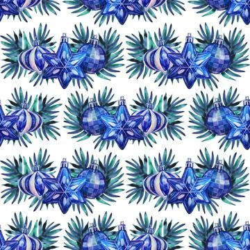 Seamless pattern watercolor hand drawn blue shiny decoration ball and christmas Stock Illustration