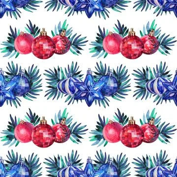 Seamless pattern watercolor hand-drawn red blue shiny decoration ball and Stock Illustration