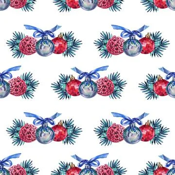 Seamless pattern watercolor hand-drawn red blue silver shiny decoration ball and Stock Illustration