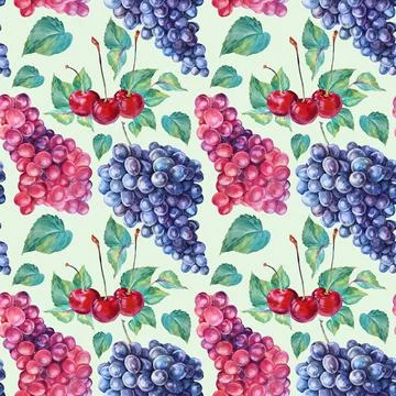 Seamless pattern watercolor hand drawn berries: purple red grape and cherry with Illustrazione stock