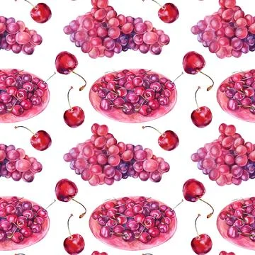 Seamless pattern watercolor hand-drawn berries: red grape and cherry on plate on Illustrazione stock