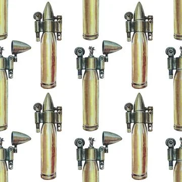 Seamless pattern watercolor hand drawn bronze bullet lighter for stalker Stock Illustration