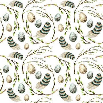 Seamless pattern Watercolor hand drawn Easter eggs, bird Bright feather, willow Stock Illustration