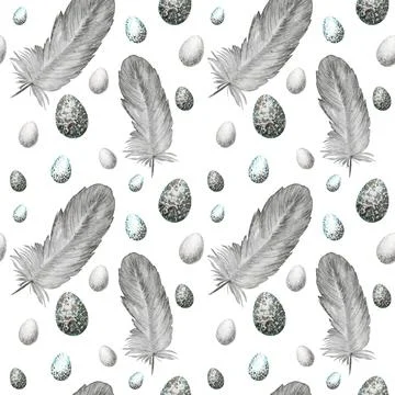 Seamless pattern Watercolor hand drawn happy Easter eggs, bird gray feather 스톡 일러스트