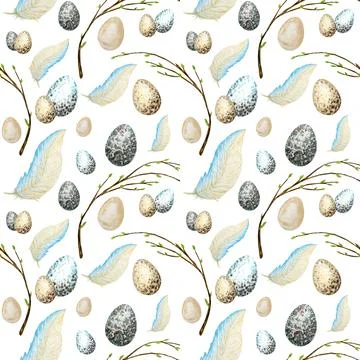 Seamless pattern Watercolor hand drawn Easter eggs, bird Bright feather, willow Stock Illustration