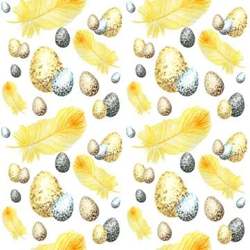 Seamless pattern Watercolor hand drawn happy Easter eggs, bird Bright yellow 스톡 일러스트