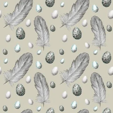 Seamless pattern Watercolor hand drawn happy Easter eggs, bird gray feather Stock Illustration