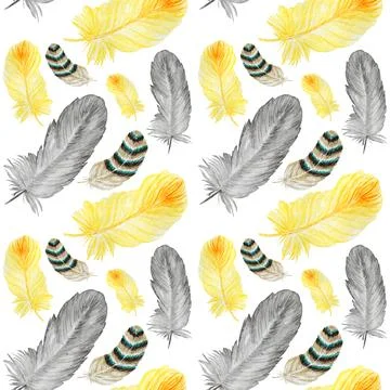 Seamless pattern Watercolor hand drawn bird Bright yellow, gray, striped beige Stock Illustration