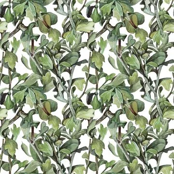 Seamless pattern watercolor hand-drawn green and blue leaves on white background Stock Illustration