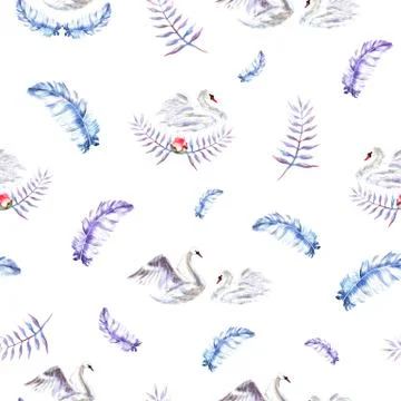 Seamless pattern with watercolor hand painted swans, feathers, twigs Stock Illustration