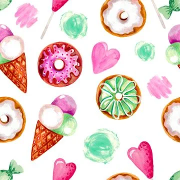 Seamless pattern watercolor hand painted sweet donuts and ice cream cone Prin Stock Illustration