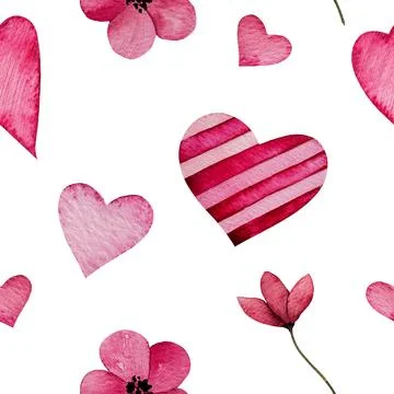 Seamless pattern with watercolor hearts and flowers. Hand drawn romantic art for Illustrazione stock