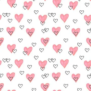 Seamless pattern with watercolor hearts. Romantic love hand drawn backgrounds Stock-Illustration