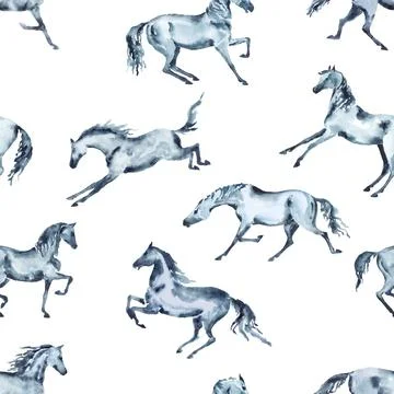 Seamless pattern with watercolor horses in various poses and motion Stock Illustration