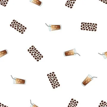 Seamless pattern with watercolor iced coffee glasses and roasted coffee bea.. イラスト素材