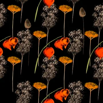 Seamless pattern watercolor illustration different spikelets and and a branch of Stock Illustration