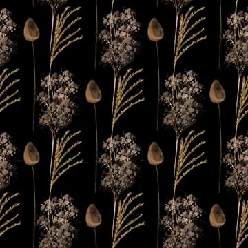 Seamless pattern watercolor illustration different spikelets on black Stock Illustration