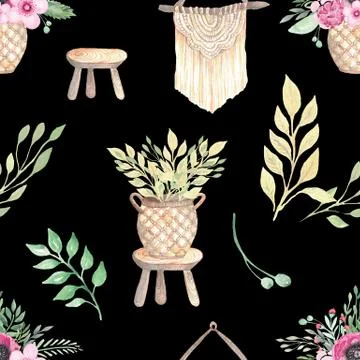 Seamless pattern watercolor illustration of elements of the interior in the s Stockillustratie
