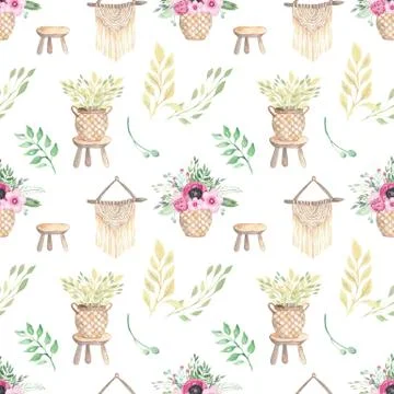 Seamless pattern watercolor illustration of elements of the interior in the s Stock Illustration