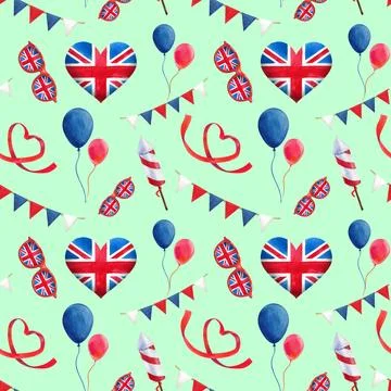 Seamless pattern.  Watercolor illustration elements with British symbols Stock Illustration