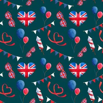 Seamless pattern.  Watercolor illustration elements with British symbols Stock Illustration