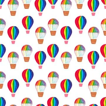 Seamless pattern Watercolor illustration of hot air balloon clouds Handpainte イラスト素材