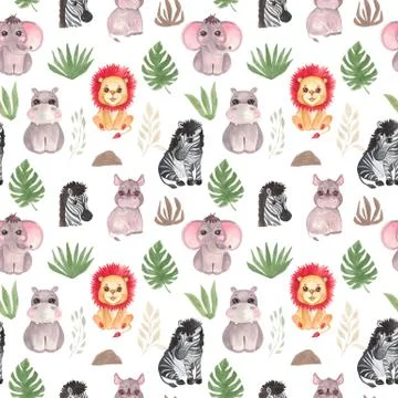 Seamless pattern Watercolor illustration set Safari baby animals Nursery deco Stock Illustration