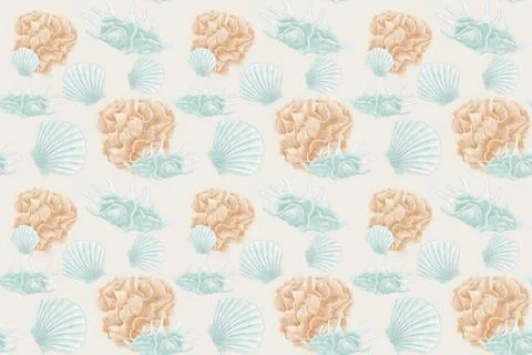 Seamless pattern of watercolor illustrations, corals, shells, clams, blue and Illustrazione stock