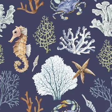Seamless pattern with watercolor illustrations of corals and animals . Stock Illustration