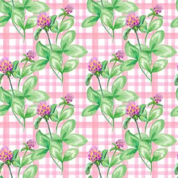 Seamless pattern with watercolor leaves and flowers of clover on checkered Stock Illustration
