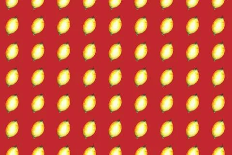 Seamless pattern with watercolor lemon hand drawn on red background. Stock Illustration