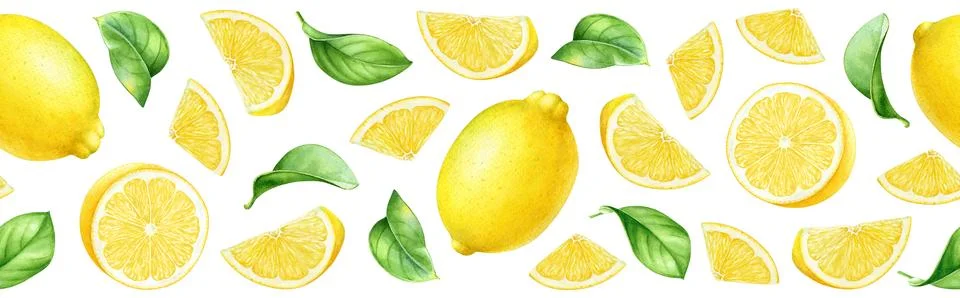Seamless pattern with watercolor lemons, fruit parts and green leaves Stock Illustration