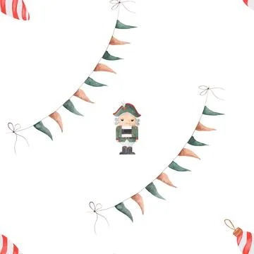 Seamless pattern watercolor nutcracker. holiday pattern with nutcracker, flags 스톡 일러스트