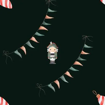 Seamless pattern watercolor nutcracker. holiday pattern with nutcracker, flags 스톡 일러스트