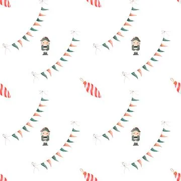 Seamless pattern watercolor nutcracker. holiday pattern with nutcracker, flags Illustrazione stock