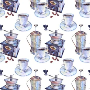Seamless pattern watercolor old coffee grinder mill, french press for aroma Stock Illustration