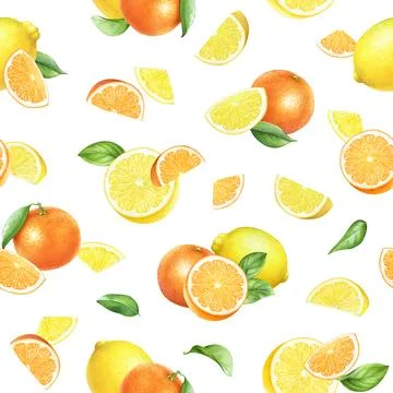 Seamless pattern with watercolor oranges and lemons with slices. Stock Illustration