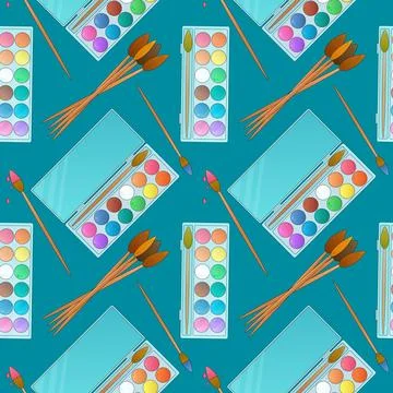 Seamless pattern with watercolor paint sets and brushes on blue background .. Stock Illustration