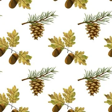 Seamless pattern with watercolor pine cones and oak branches with acorns Stock Illustration