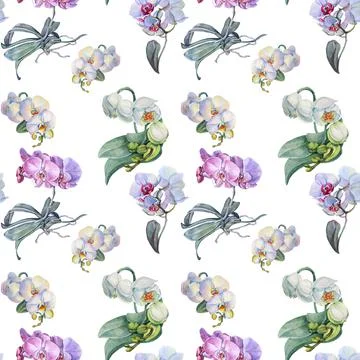Seamless pattern watercolor pink and white orchid flower with green leaves and Stock Illustration