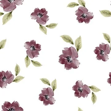 Seamless pattern with watercolor pink flowers and leaves on a white background. Stock Illustration