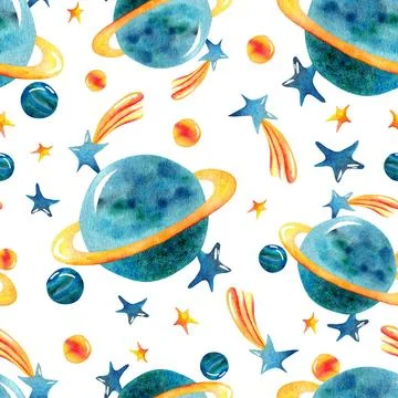 Seamless pattern of watercolor planets with rings, stars, and comets on a w.. Illustrazione stock