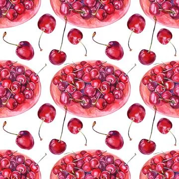 Seamless pattern watercolor plate with cherry isolated on white. Hand-drawn Stock Illustration