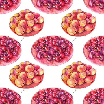 Seamless pattern watercolor plate with cherry and apricot on white background Stock Illustration