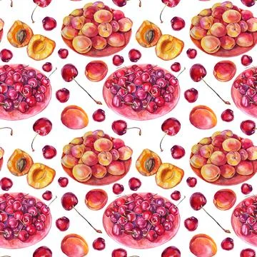 Seamless pattern watercolor plate with cherry and apricot on white background Stock Illustration