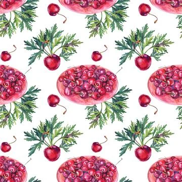 Seamless pattern watercolor plate with cherry and green leaves on white. Hand Stock Illustration