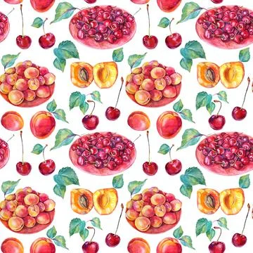 Seamless pattern watercolor plate with cherry, apricot, seed, green leaves on Illustrazione stock