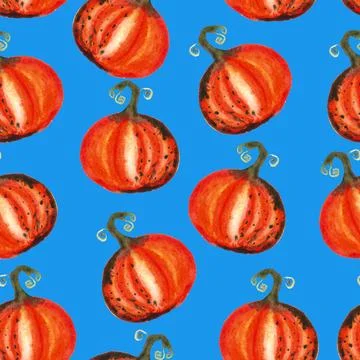 Seamless pattern of watercolor pumpkins on blue background, hand painted Illustrazione stock
