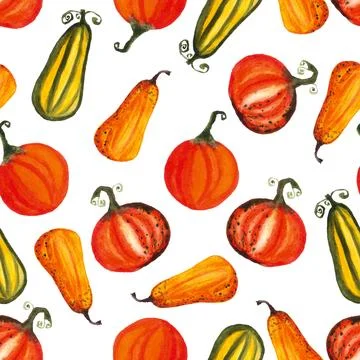 Seamless pattern of watercolor pumpkins on white background, hand painted Stock Illustration